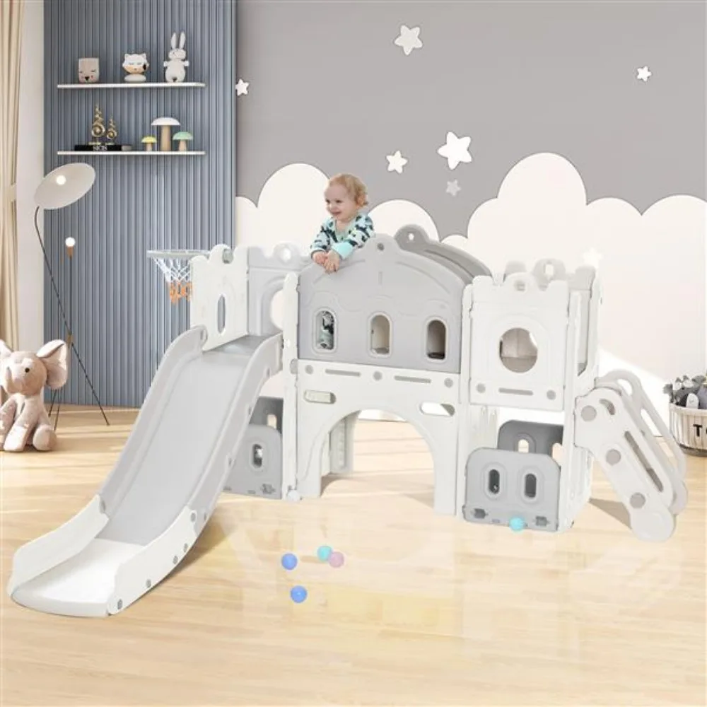 Kids Slide, Freestanding Castle Climber with Slide and Basketball Hoop, Toy Storage Organizer, Kids Climbers Playhouse
Kids Slide, Freestanding Castle Climber with Slide and Basketball Hoop, Toy Storage Organizer, Kids Climbers Playhouse