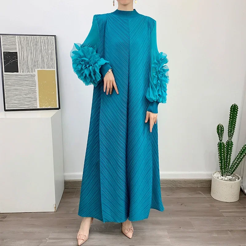 

Miyake Pleated Maxi Long Dress Mesh Petal Sleeve Half Turtleneck Formal Dresses for Women 2024 New Birthday Dress for Women