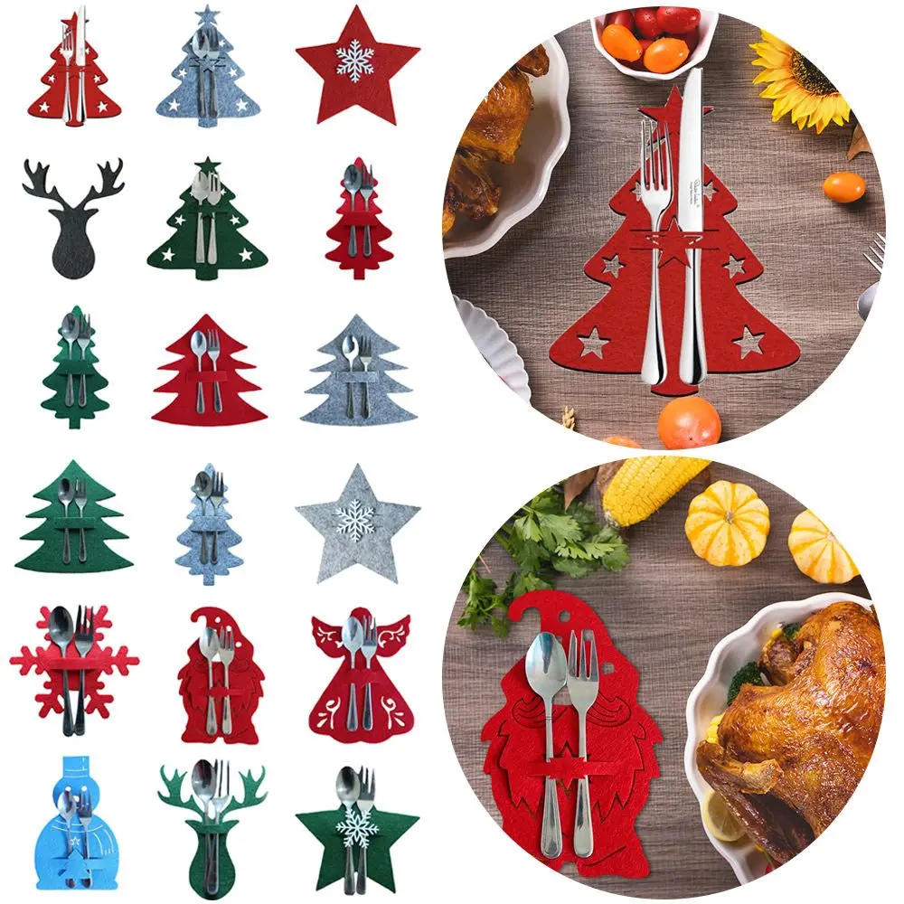 

4PCS Christmas Knife and Fork Holder Santa Claus Snowflake Elk Xmas Tree Pocket Cutlery Bag Non-woven Fabric Tableware Organizer