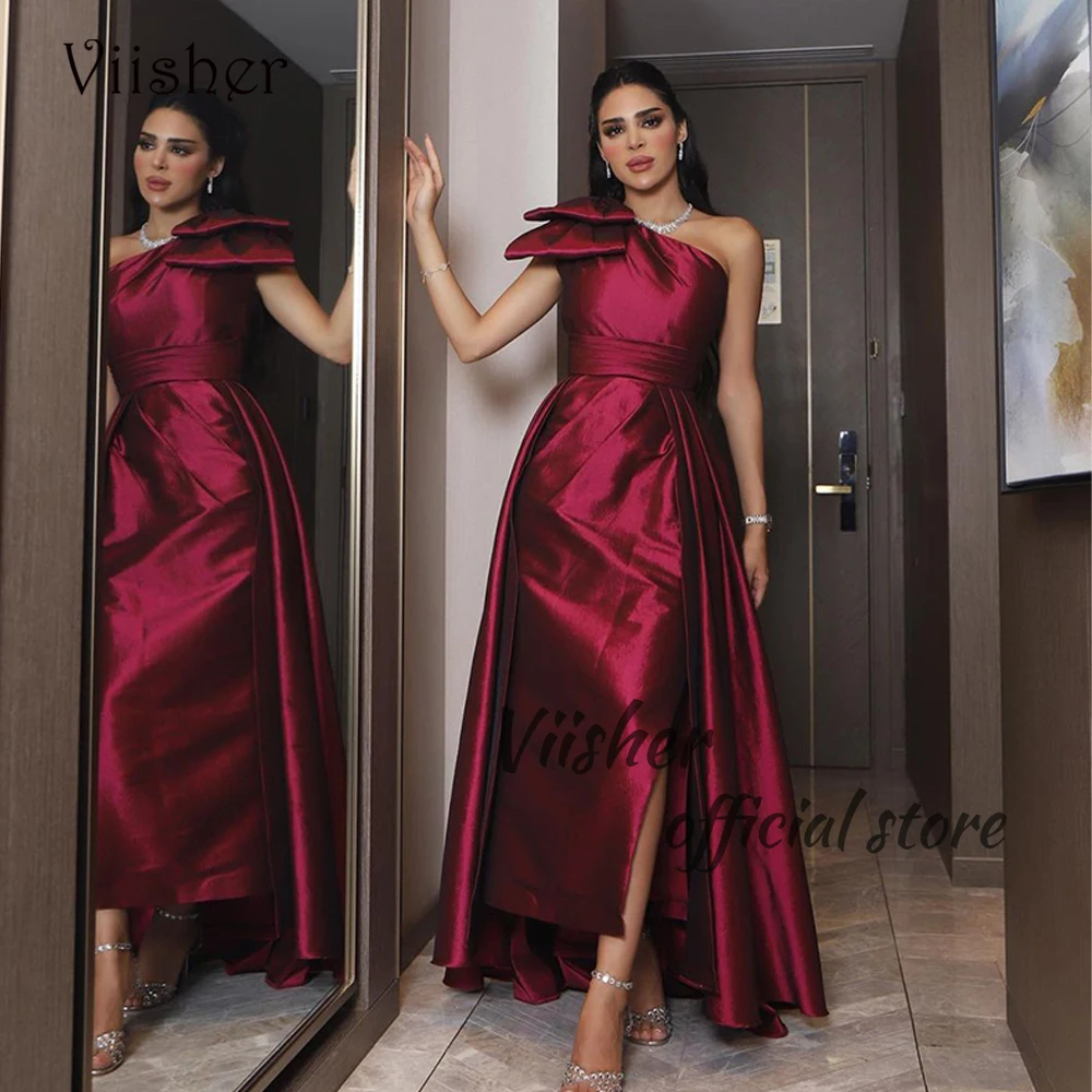 

Burgundy Satin Mermaid Evening Dresses One Shoulder Arabian Dubai Prom Dress with Train Floor Length Formal Gowns