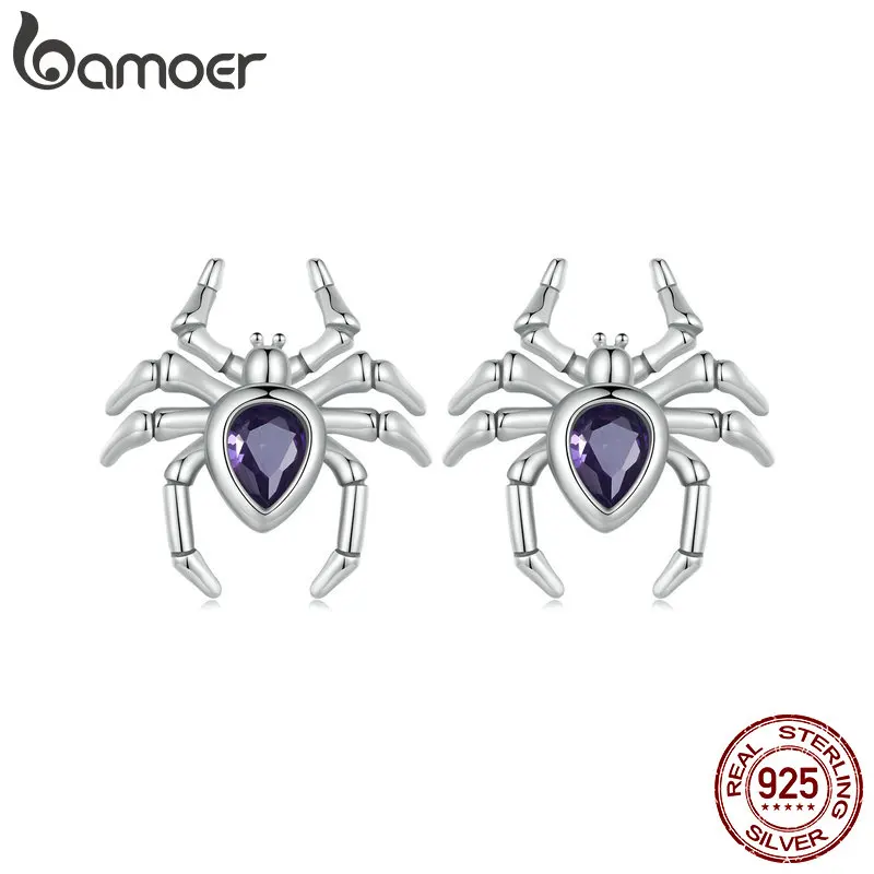 

BAMOER Minimalist 925 Sterling Silver Spider Stud Earrings Cute Insect Earrings Pave Setting CZ Women Halloween Jewelry Gift