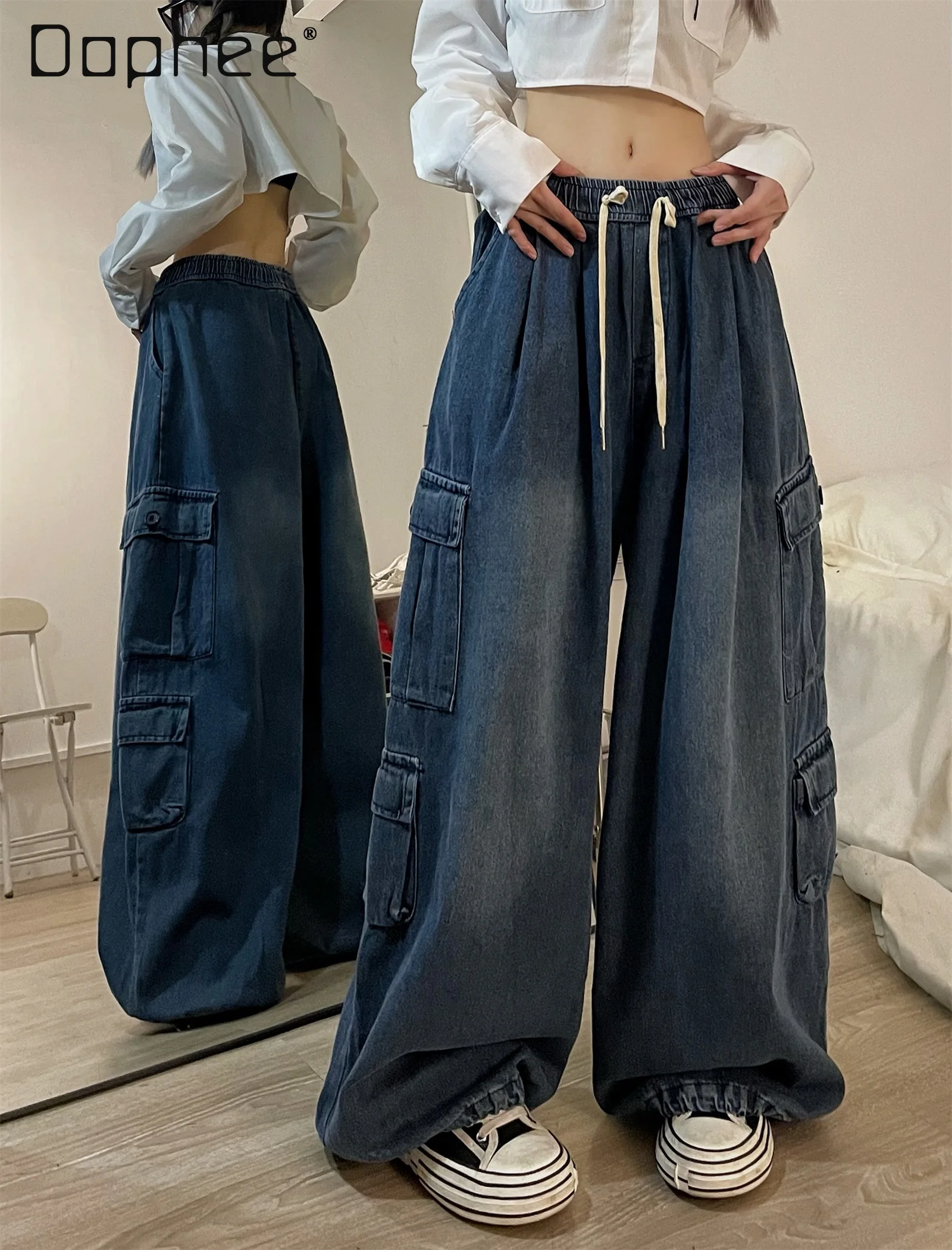 

Cool Girl Streetwear Hiphop Jeans Tooling Trousers Cargo Spring American Loose Casual Pockets Wide Leg Hip Hop Denim Pants 2024