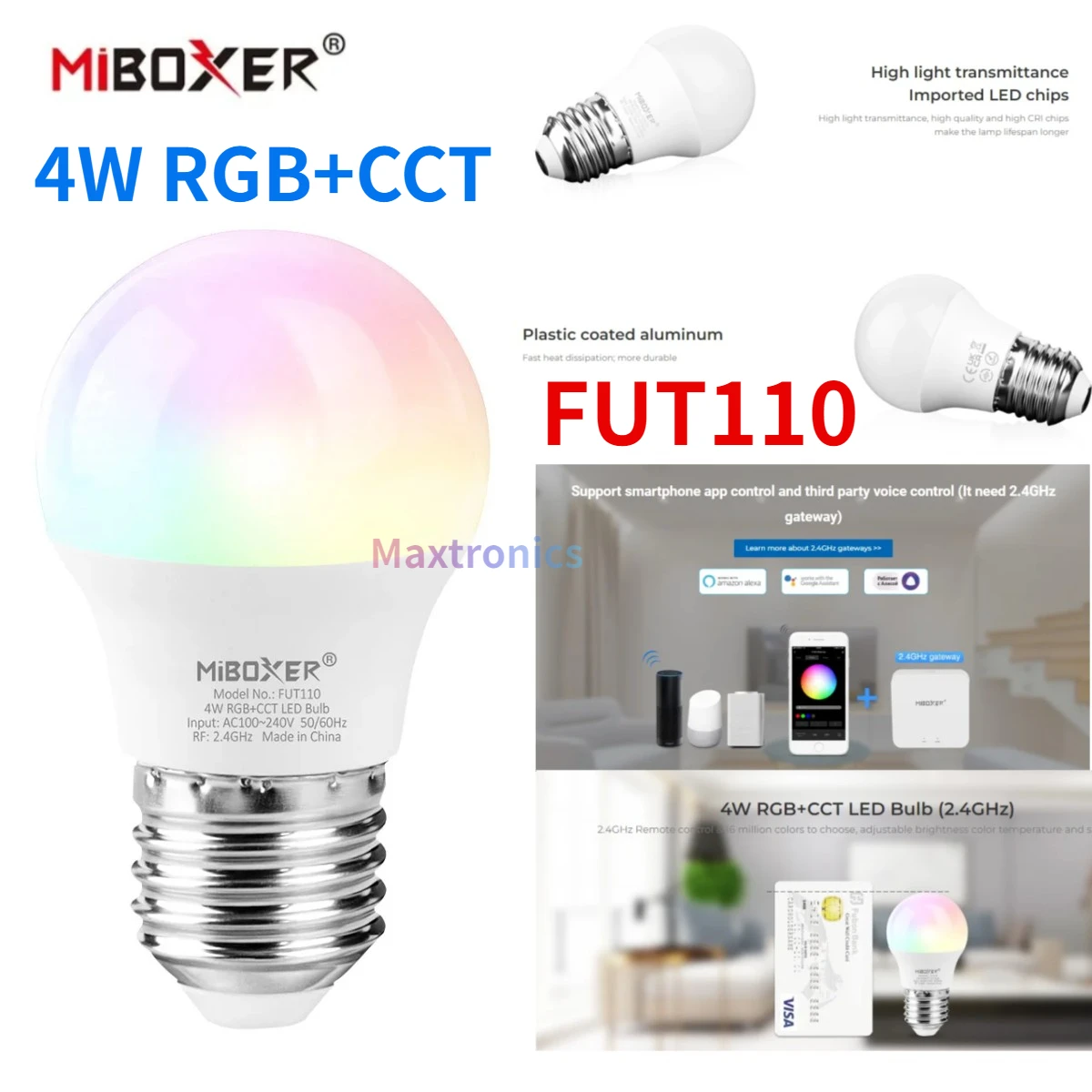 

AC100-240V MiBoxer FUT110 4W RGB+CCT LED Bulb E27 (2.4G) 16 Millions Colors for Living Room and Bedroom Decoration Smart Lights