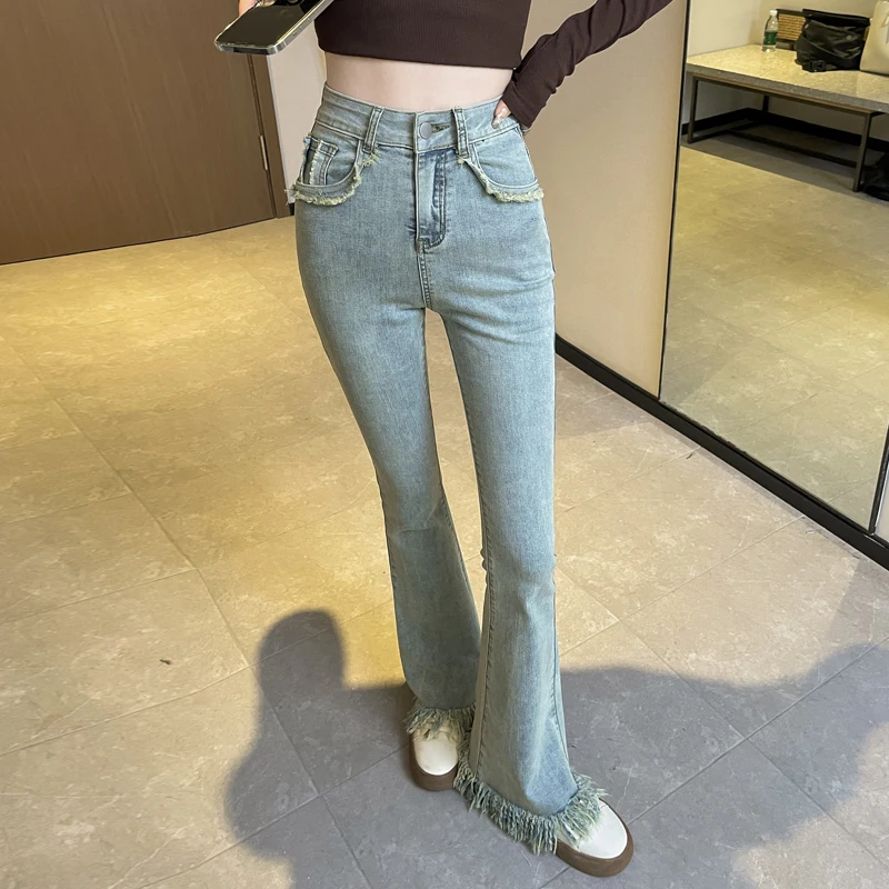 

Женские узкие джинсы в стиле ретро, облегающие осенние тонкие джинсы с завышенной талией и необработанными краями, уличные брюки-клеш с бахромой, Y2k