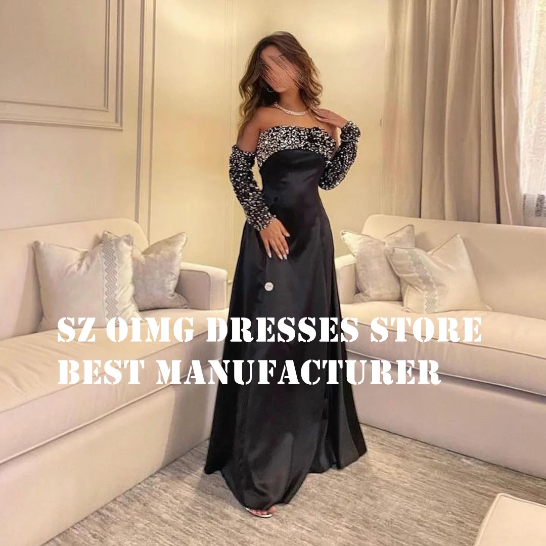 

OIMG Black Prom Dresse Arabic Long Sleeves Sequined Ruched Sheath Floor Length A-Line Women Evening Gowns Formal Party Dress