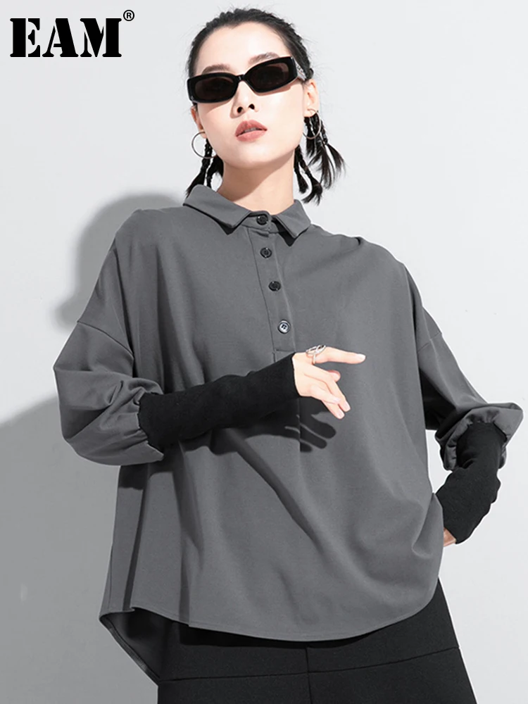 Фото [EAM] Женская серая блузка контрастных цветов большого размера новая свободная