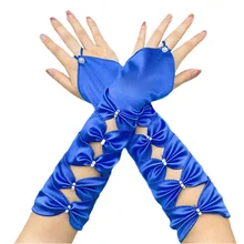 

Elegant Long Elastic Satin Pleated Bowknot Wedding Bridal Gloves Elbow Teal Fingerless Evening Party Prom Blue Girl Gloves