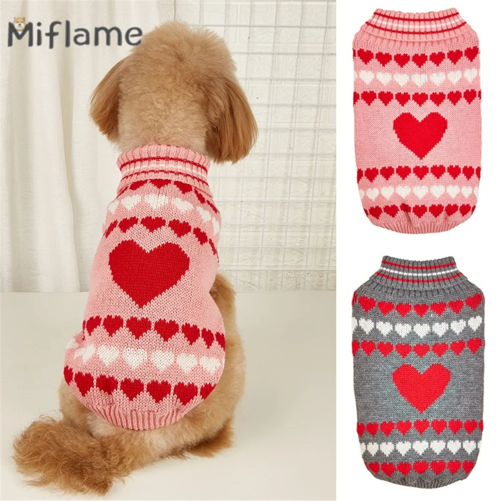 

Miflame Valentine's Day Love Pink Jacquard High Collar Dog Sweater Teddy Bichon French Bulldog Knit Shirt Cat Hair proof Clothes