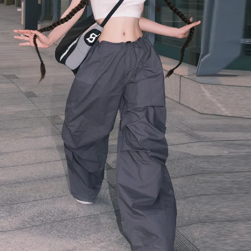 

QWEEK Y2K Gray Baggy Cargo Pants Women High Waist Vintage Hip Hop Parachute Pants Harajuku Streetwear Oversized Wide Sweatpants