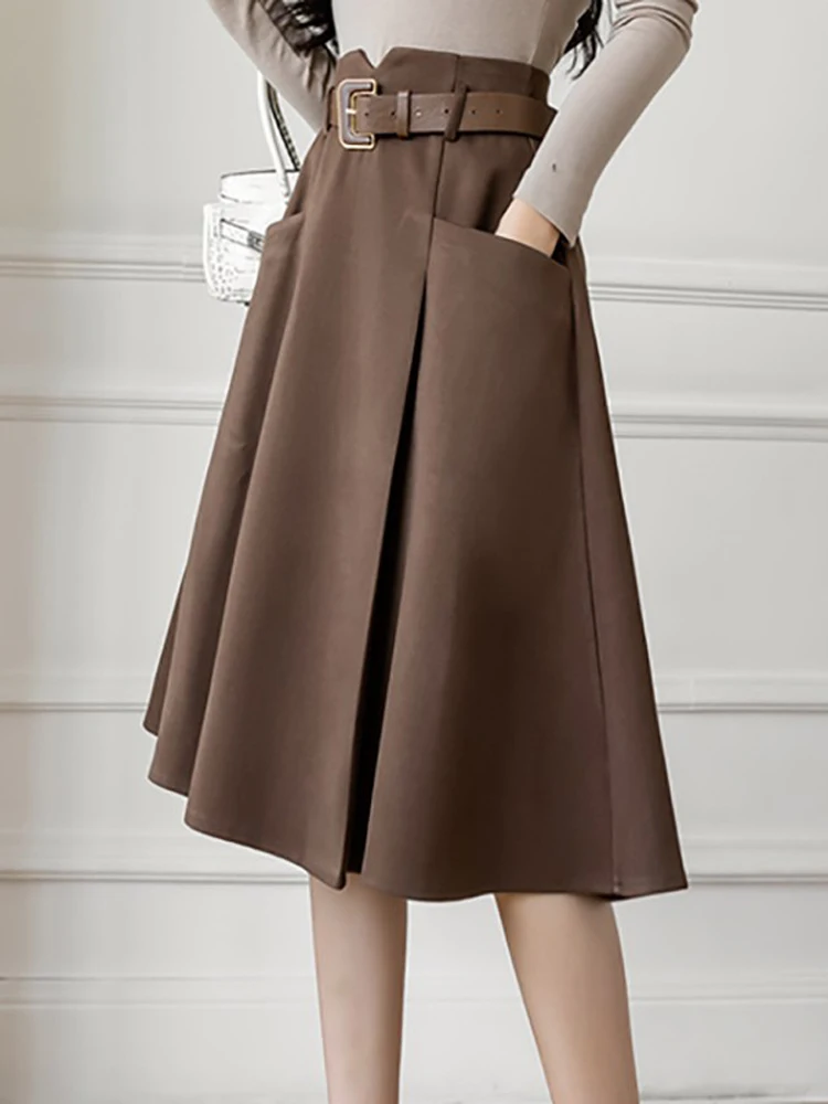 

Женская юбка до середины икры, свободная шерстяная юбка А-силуэта с высокой талией
