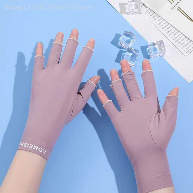 

Summer Women's Ice Silk Thin Gloves Fingerless Half-finger UV Protection Sunscreen Female Gloves Nail Gloves Riding Driving