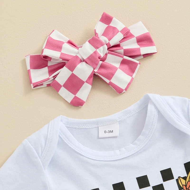 

Newborn Baby Girl Clothes Mamas Girl Romper Top Checkerboard Bell-Bottoms Pants Headband Summer Infant Outfits