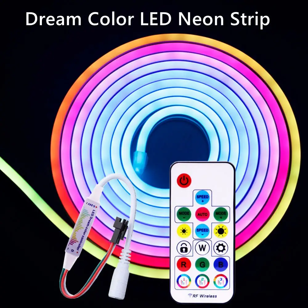 

Dream Color LED Neon Strip WS2811 5050 RGBIC Waterproof Addressable Smart IC Flexible Light for Room DIY,17Keys Music DC kit