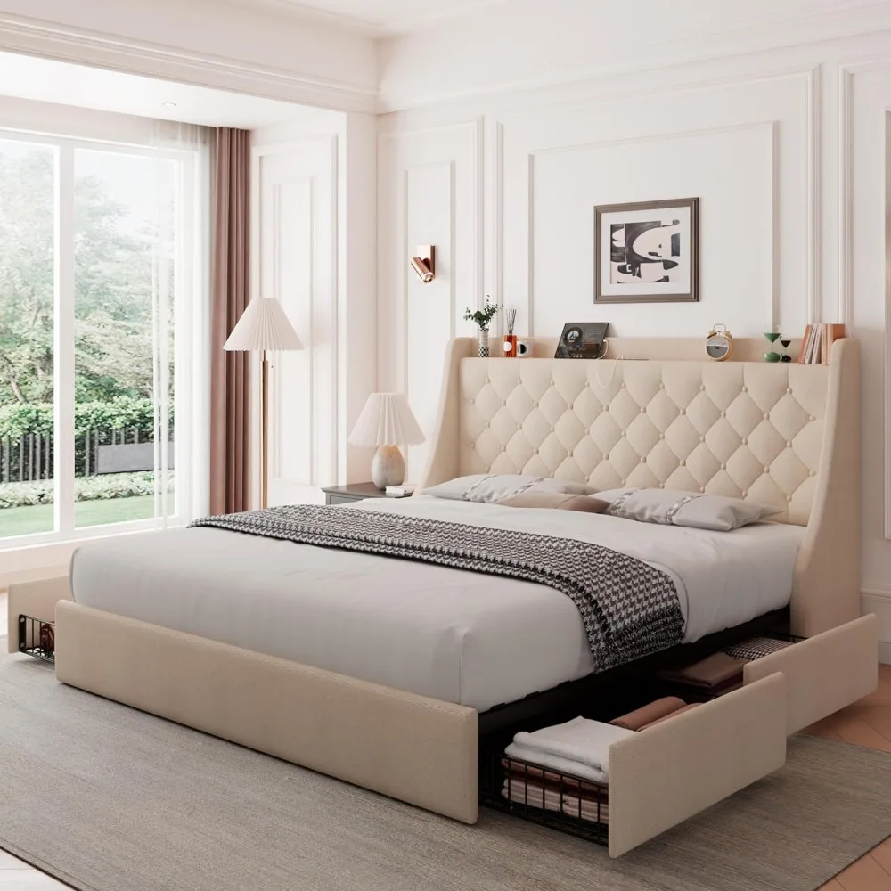 Upholstered Queen Bed Frame with 4 Storage Drawers, Charging Station and Tufted Wingback Storage Headboard, No Box Spring Needed
Upholstered Queen Bed Frame with 4 Storage Drawers, Charging Station and Tufted Wingback Storage Headboard, No Box Spring Needed
