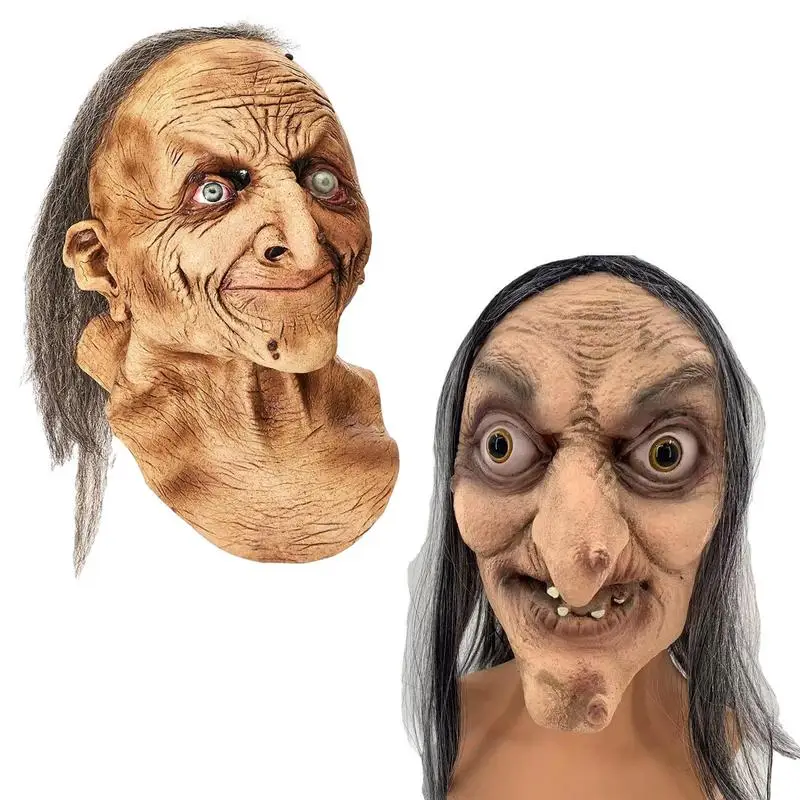 

Halloween Horror Old Witch Latex Head Cover Realistic Scary Mask With Hair Halloween Party Costume Cosplay Prop Ghost House Prop