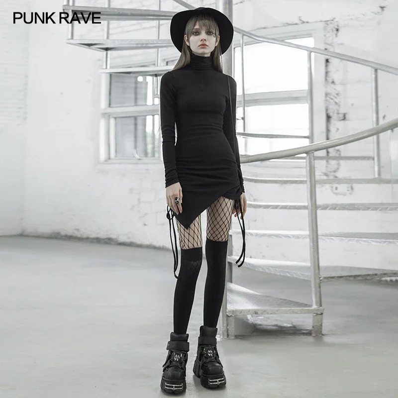 

PUNK RAVE Women's Gothic Fitted Asymmetrical Wrap Dress High-necked Whole Daily Both Sides Rope Designs Long Sleeve Dresses
