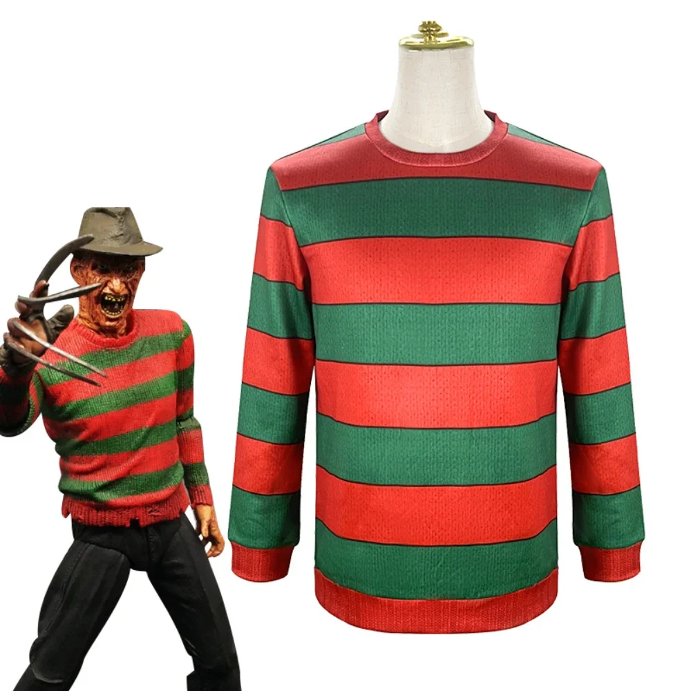 

Movie Freddy Krueger Cosplay Costume Clothes Freddy T-shirt Adult Red Green Striped Horro Top Suit Halloween Carnival Party