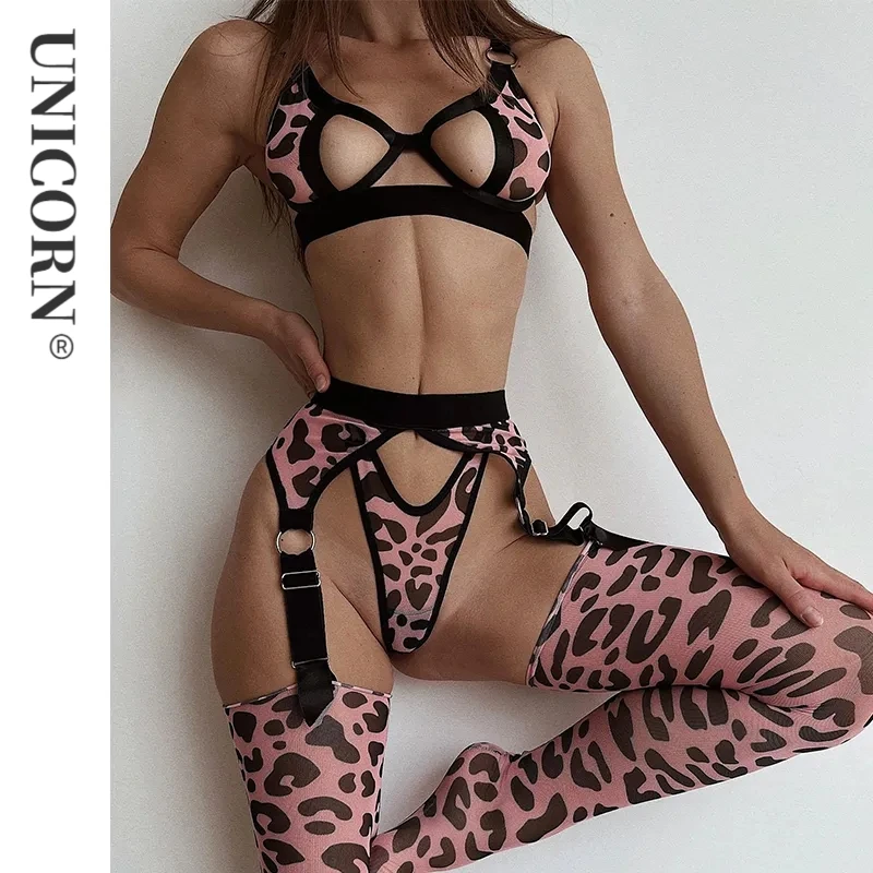 

Leopard Lingerie With Stocking Cut Out Bra Sensual Brief Sets 4-Piece Leggings See Through Lace Fancy Underwear Garter Intimate