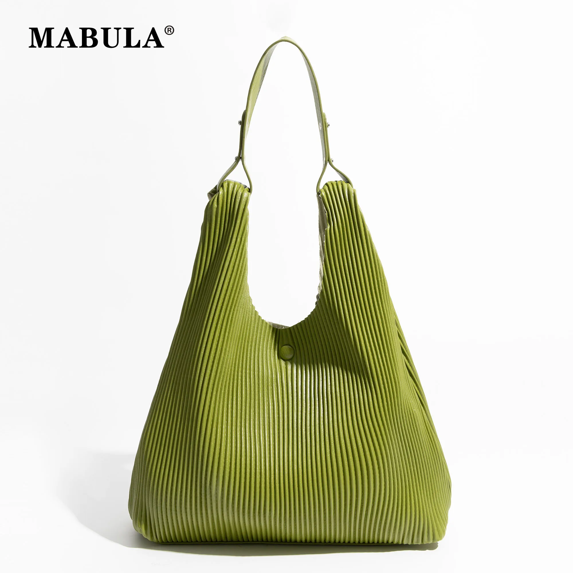 

MABULA Big PU Pleated Hobo Bag 2 Pcs Set Green Leather Ladies Shoulder Purse Jelly Color Chic Girl's Handbag