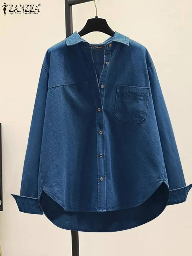 

Женская джинсовая рубашка ZANZEA с карманами, Повседневная Свободная блузка с длинным рукавом, туники для работы, модные топы большого размера с прострочкой, лето-весна 2024