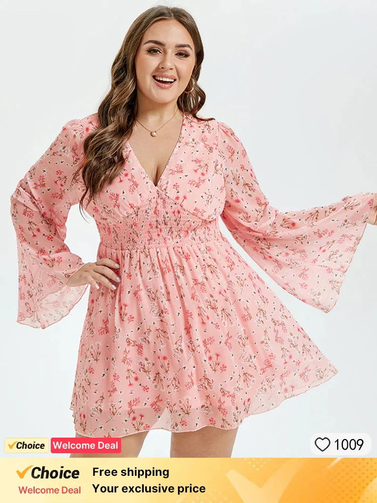 

Plus Sized Clothing Floral Print V Neck Long Flare Sleeve Casual Dress Shirred Waist Ruffle Mini Dress For Women