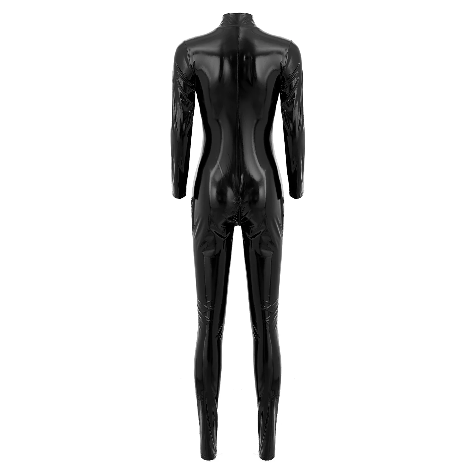 

Women Shiny Patent Leather Bodysuit for Pole Dancing Wet Look Leotard Jumpsuit Stand Collar Long Sleeve Zipper Catsuit Clubwear