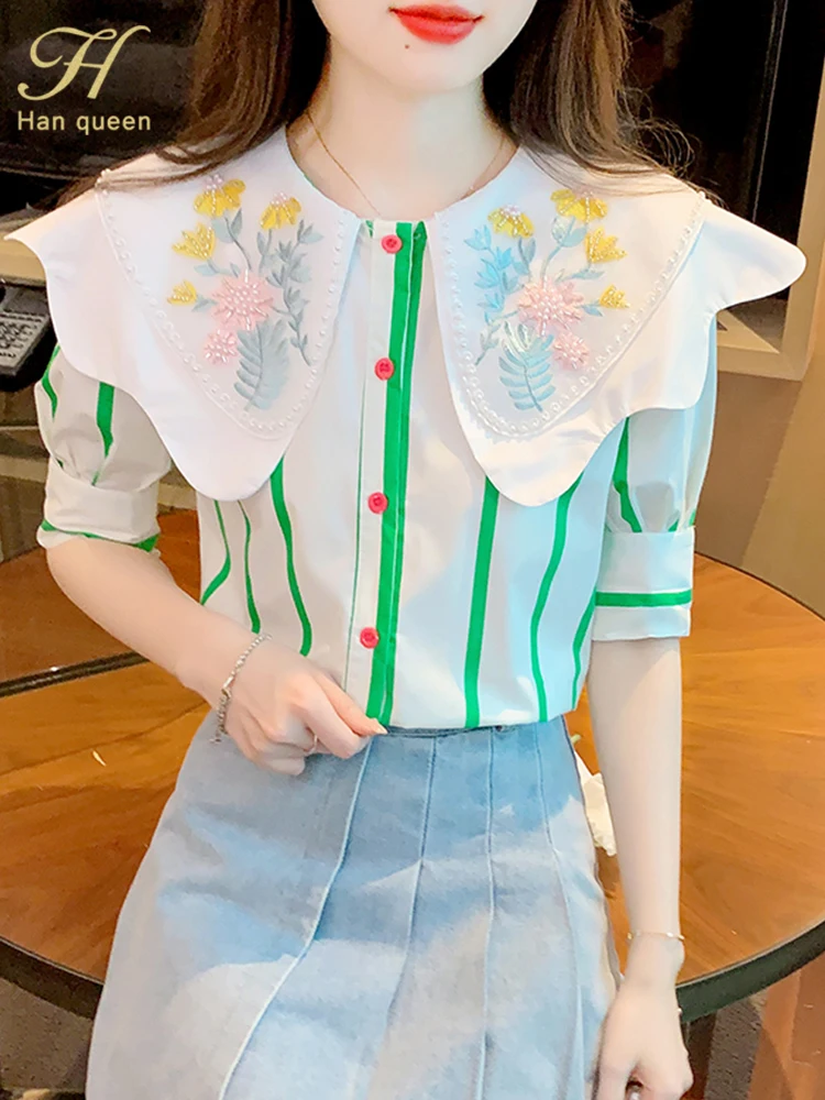 

H Han Queen Summer Embroidered Stripes Chiffon Blouse Womens Loose Casual Vintage Basic Shirts Office Top Korean Popular Clothes