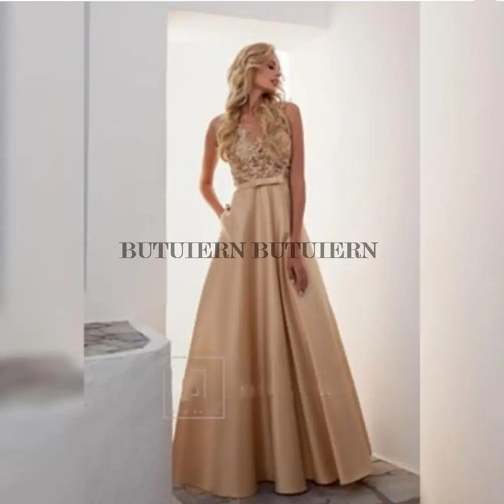 

Женское атласное платье-трапеция, элегантное вечернее платье цвета шампанского с кружевной аппликацией, V-образным вырезом, длиной до пола, 2022