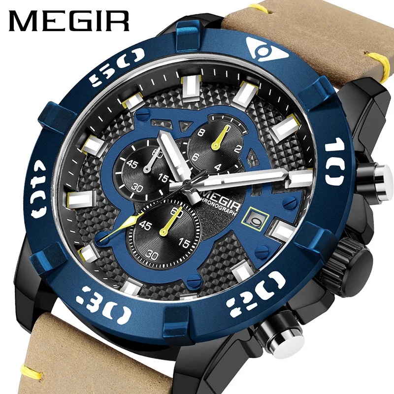 

MEGIR Brand New Fashion Chronograph Quartz Watch for Men Leather Waterproof Luminous Calendar Mens Watches Relogio Masculino