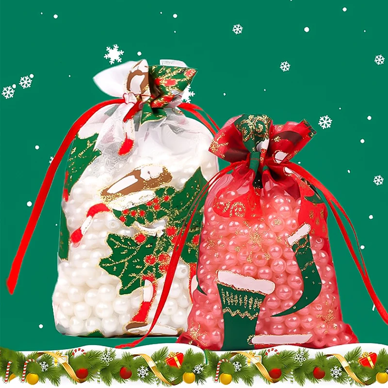 

5pc Christmas Snowman Elk Santa Claus Xmas Tree Snowflake Drawstring Organza Gift Bag Wrapping Packaging Candy Cookies Chocolate