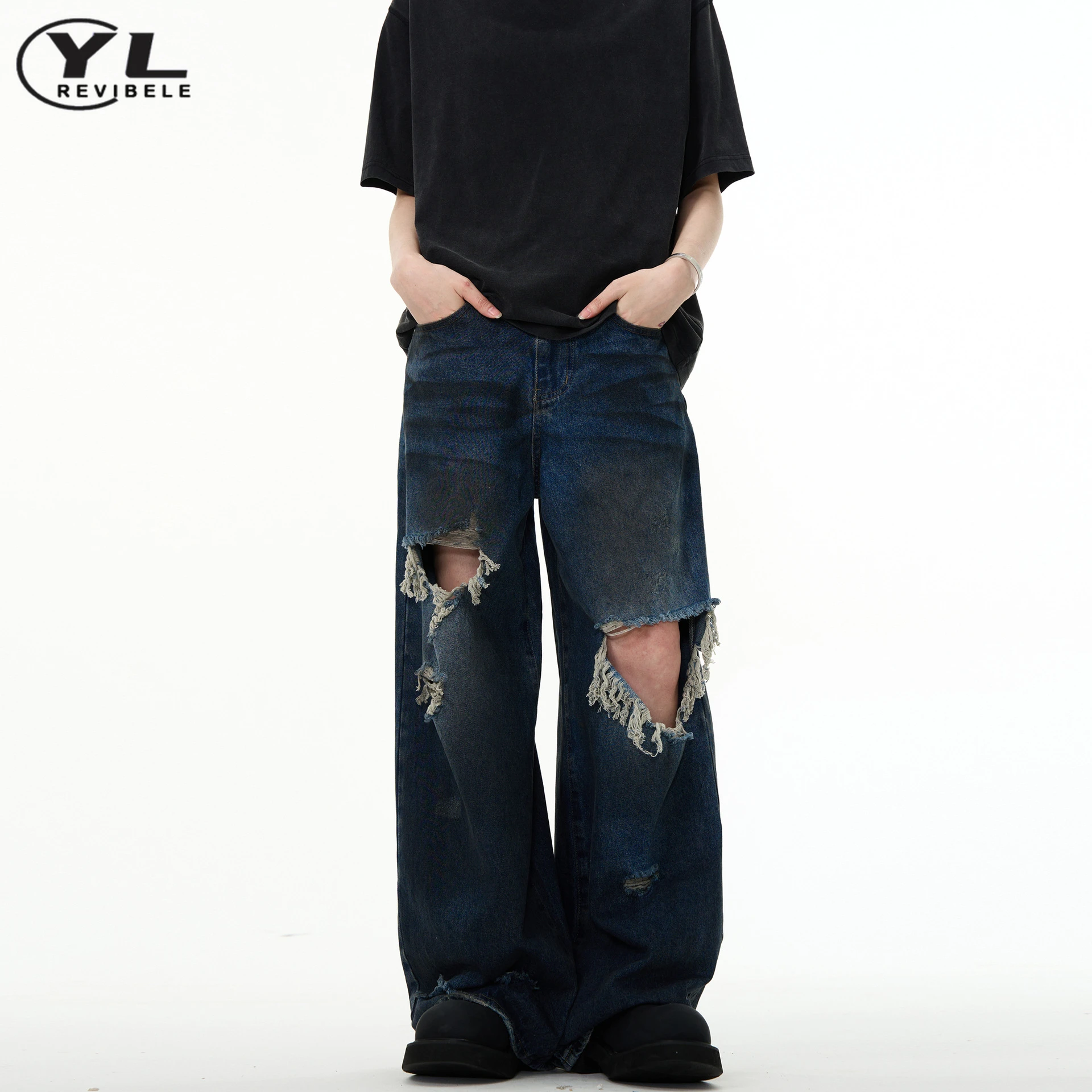 

Vintage Distressed Hole Jeans Men Harajuku High Street Loose Wide Leg Jean Trousers Spring Hip Hop Casual Straight Denim Pants