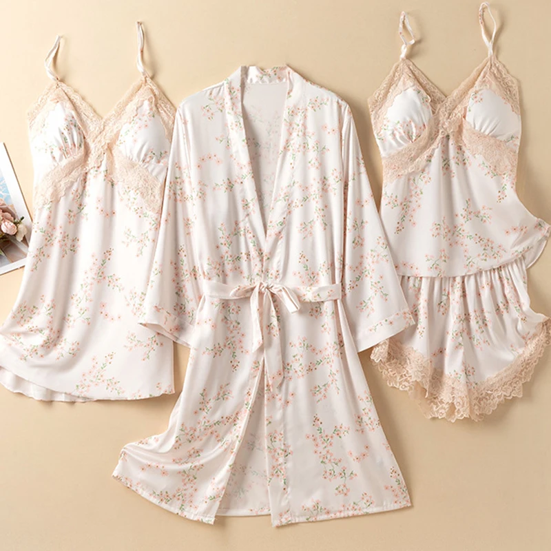 Print Flower Lace Kimono Bathrobe Gown Pink Summer Satin Pijamas Suit New Female Pajamas Four Piece Set Sleepwear Home Wear
Print Flower Lace Kimono Bathrobe Gown Pink Summer Satin Pijamas Suit New Female Pajamas Four Piece Set Sleepwear Home Wear