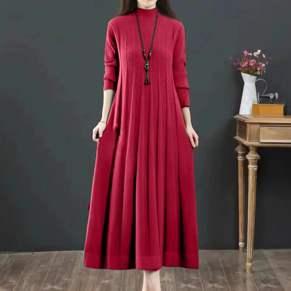 

Loose Waistline Dress Cozy Knitted A-line Midi Dress with High Collar Neck Warm Long Sleeves Pleated Hem for Women Fall Winter