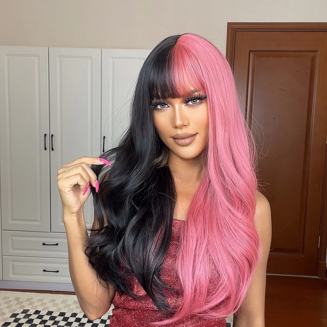 Pink and Black Long Wavy Synthetic Hair Wigs with Bangs Cosplay Christmas Halloween Hair Two Tone Wig For Women Heat Resistant Pink and Black Long Wavy Synthetic Hair Wigs with Bangs Cosplay Christmas Halloween Hair Two Tone Wig For Women Heat Resistant