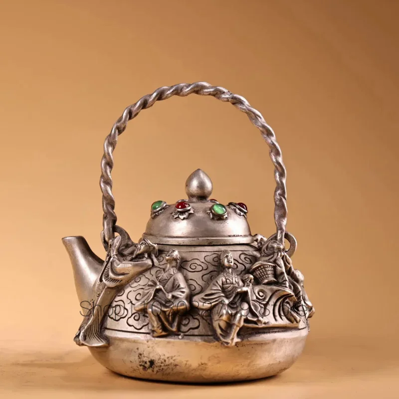 

5"Tibet Temple Collection Old Bronze Gilded Silver Mosaic Gem Eight Immortals Pot Teapot Kettle Flagon Ornaments Town House
