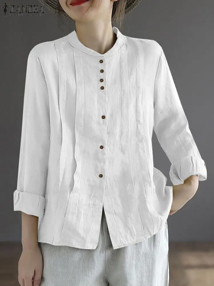 

Женская модная Однотонная рубашка ZANZEA с длинным рукавом и воротником-стойкой, туника, топы, осенняя Элегантная блузка на пуговицах, повседневные свободные блузы