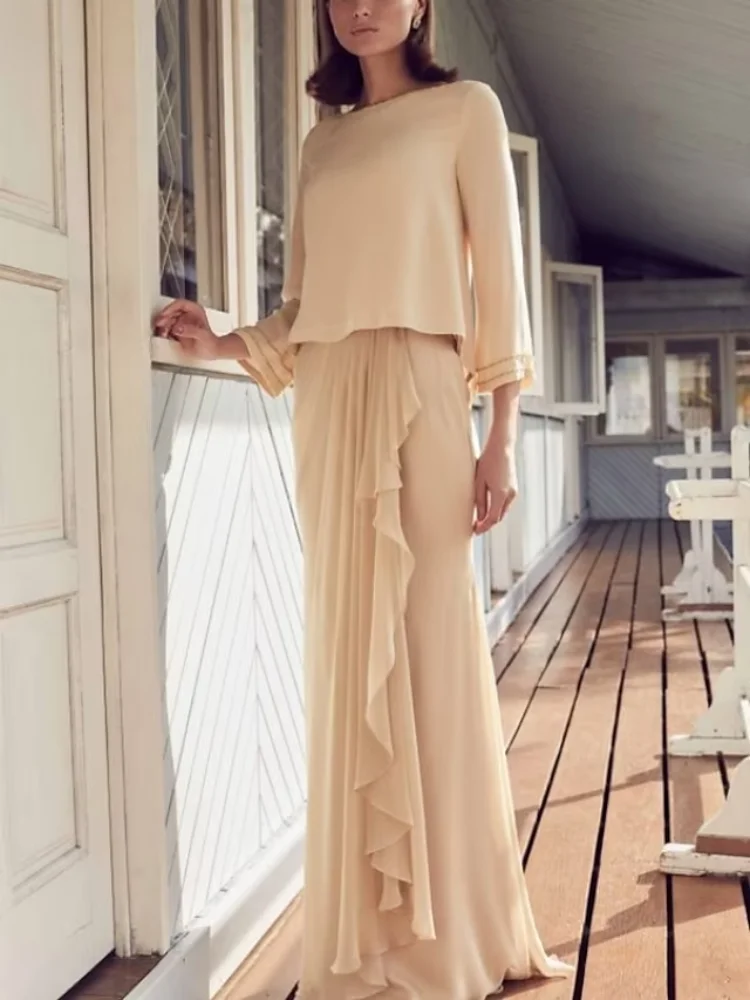 

Sheath Mother of the Bride Dress Wedding Guest Scoop Neck Floor Length Chiffon Long Sleeve with Pleats Ruffles