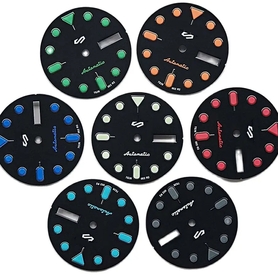 

Vintage Dial black Watch MOD Accessories 28.5MM colored nail Green Luminous Dial Fits NH36/4R36 Mechanical Movements Date-day