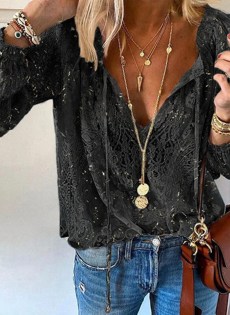 New Lace Shirt Women's Autumn Lace Blouse V-neck Shirt Loose Tops Office Lady Fashion Clothing Clothes Temperament
New Lace Shirt Women's Autumn Lace Blouse V-neck Shirt Loose Tops Office Lady Fashion Clothing Clothes Temperament