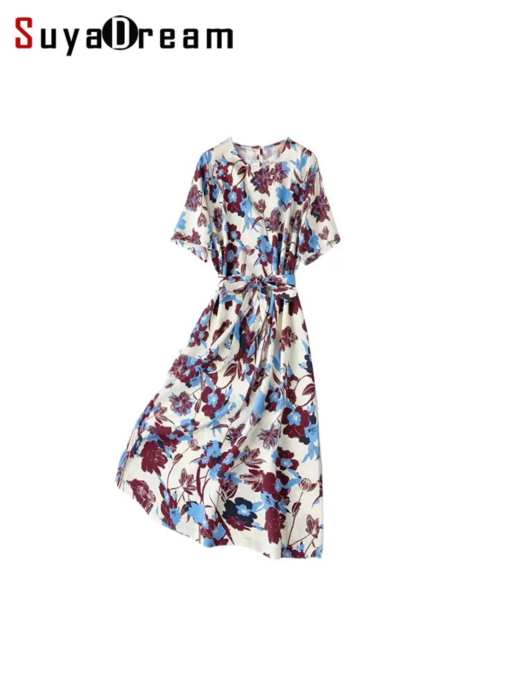 

Платье SuyaDream женское с цветочным принтом, 26 мм, 93% натуральный шелк, 7% спандекс, с круглым вырезом, платье средней длины с принтом, одежда весна-лето 2024