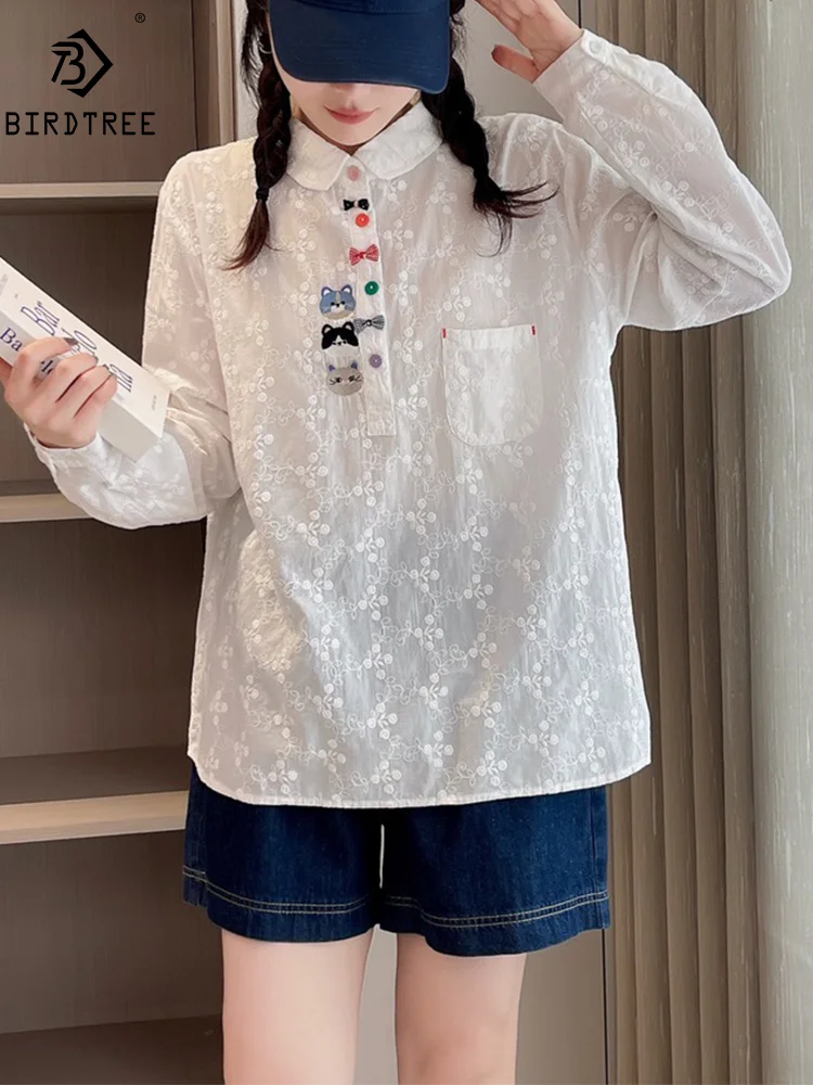 Женская хлопковая рубашка в стиле ретро, свободная блузка с вышивкой кошки, повседневный милый топ для девушек с длинным рукавом, осень 2024, T455111QM 
Женская хлопковая рубашка в стиле ретро, свободная блузка с вышивкой кошки, повседневный милый топ для девушек с длинным рукавом, осень 2024, T455111QM
