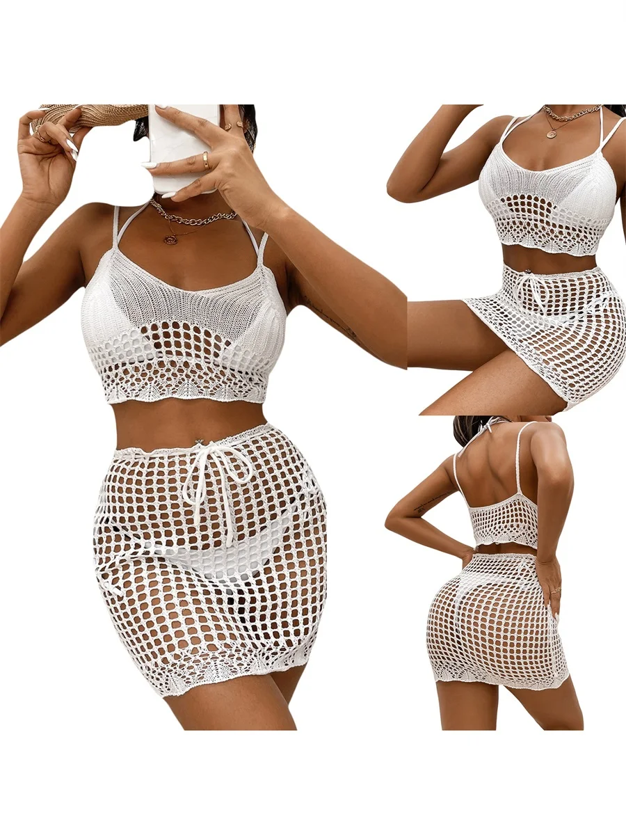 

Women 2-Piece Bikini Cover Ups Summer Crochet Cutout Sleeveless Camisole and Drawstrings Sarong Skirt