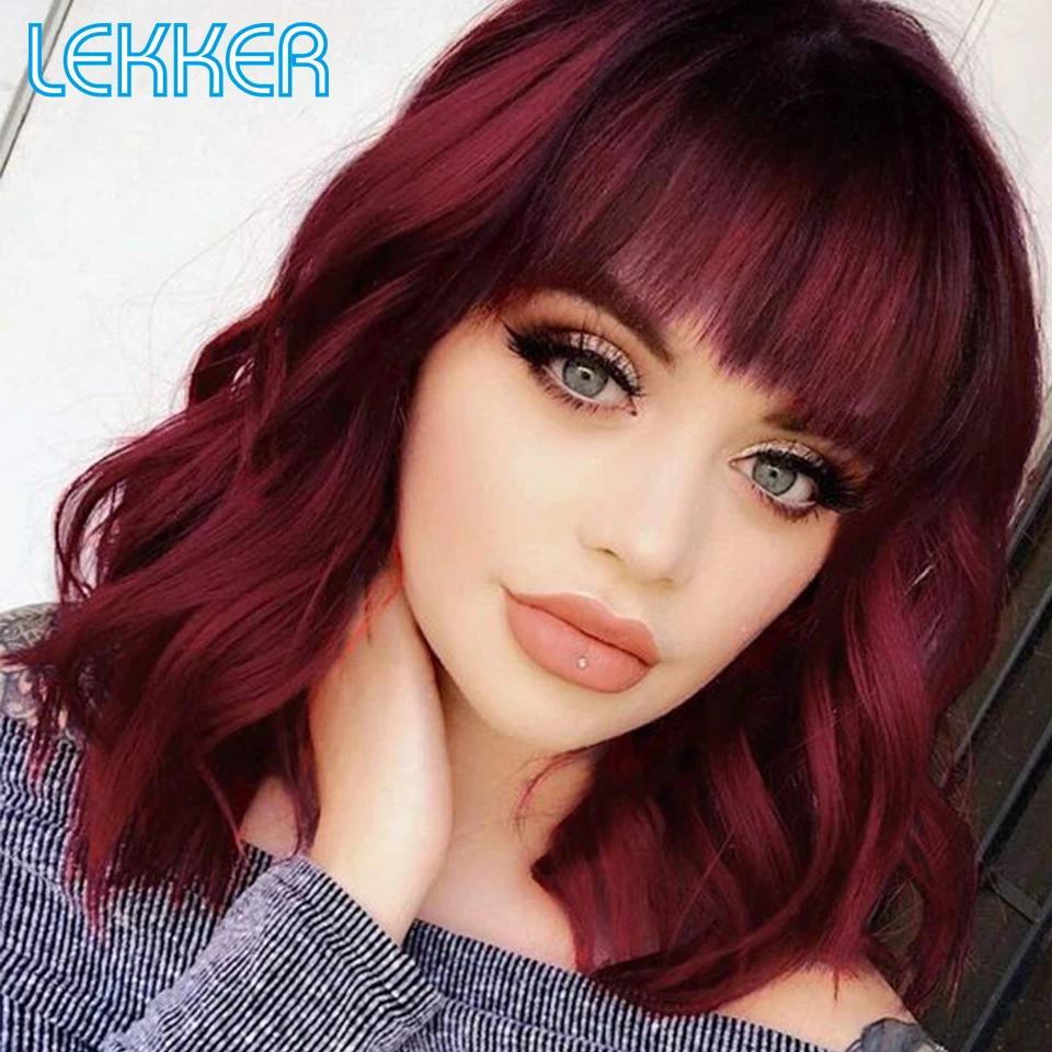 

Lekker Ombre Burg Red Body Wave Human Hair Wig With Bangs For Women Brazilian Remy Hair Glueless Wear to go 22" Deep Wavy Wigs