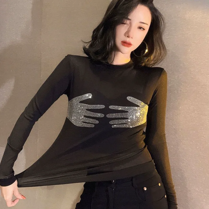 

Skinny Crop Top for Women Sexy Glitter Long Sleeve T Shirts Female Cool Pulovers Black Tees Designer Loose Kawaii O Y2k Clothes