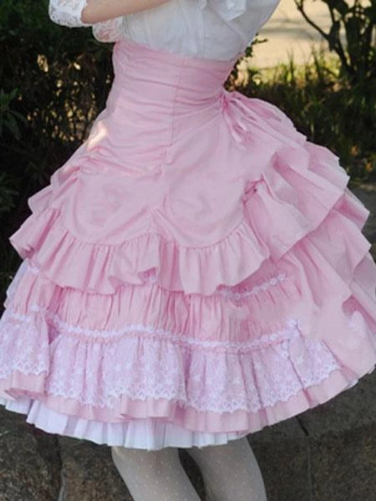 

Sweet Lolita Dress SK Pink Lace Criss Cross Ruffle High Waist Cotton Lolita Skirt