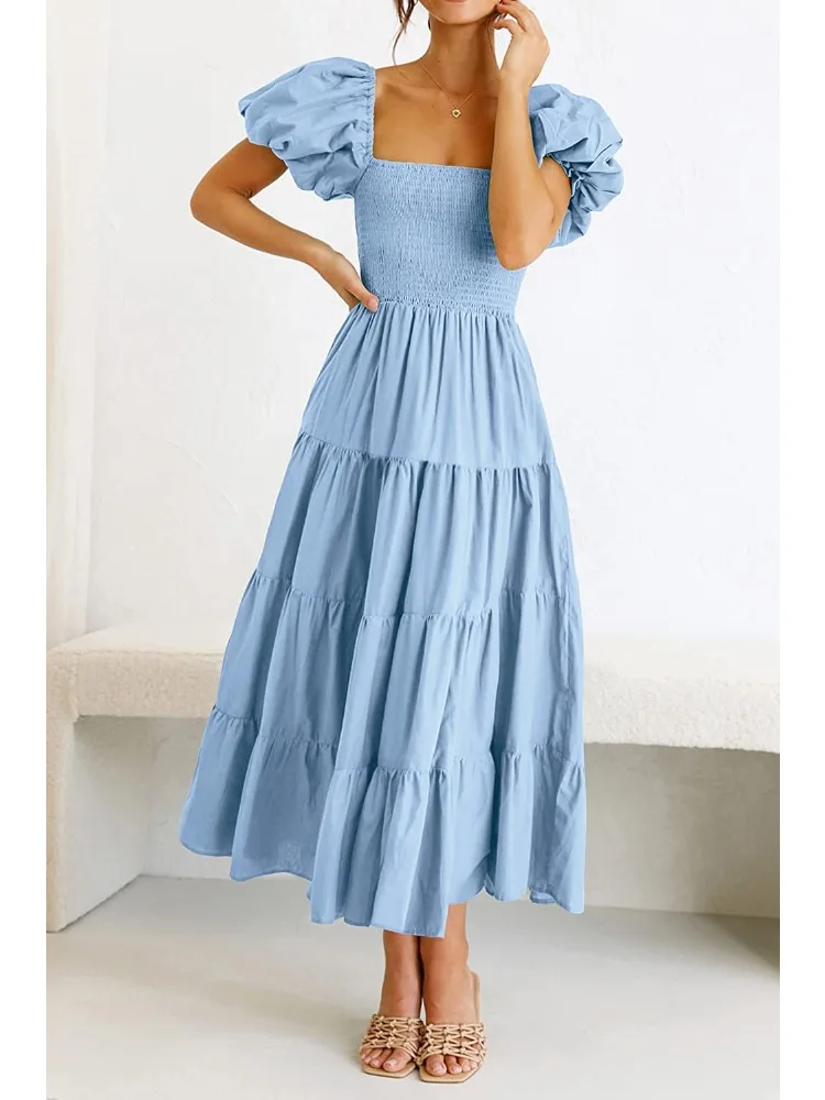 Women Summer Dress Square Neck Bubble Sleeve Pleated Shirring Elastic Bust Short Sleeve A-line Loose Hem Retro Midi Dresses 2024
Women Summer Dress Square Neck Bubble Sleeve Pleated Shirring Elastic Bust Short Sleeve A-line Loose Hem Retro Midi Dresses 2024