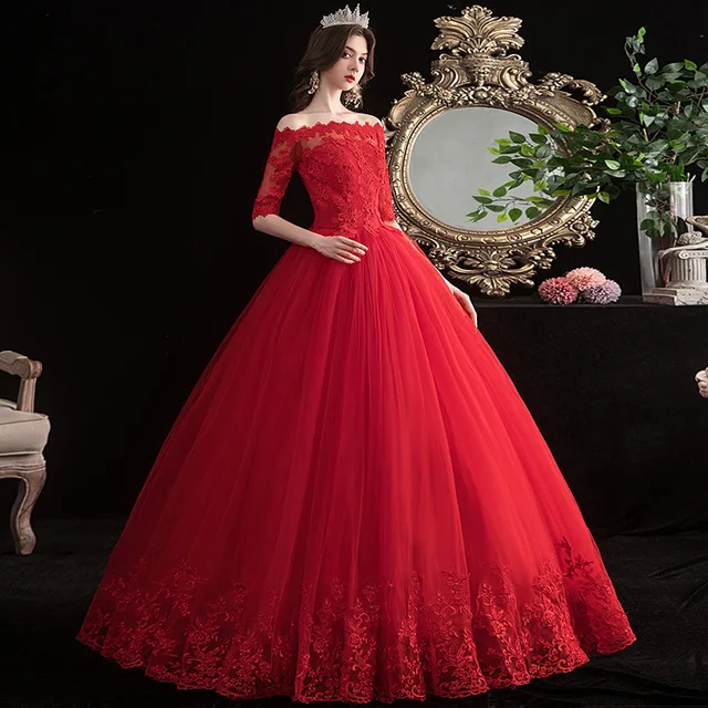 Robe De mariée classique rouge en dentelle, élégante, col bateau, grande taille, 2023 2