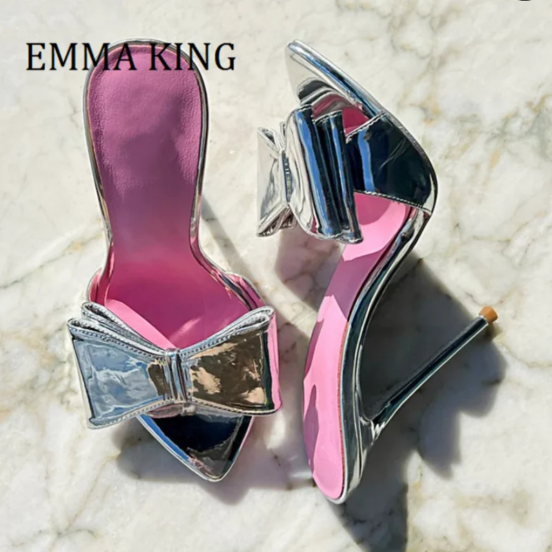 Women Silver Bow Stiletto Mules Sexy Pointy Toe Patent Leather High Heel Slippers Ladies Fashion Butterfly-knot Slides Big 35-45
Women Silver Bow Stiletto Mules Sexy Pointy Toe Patent Leather High Heel Slippers Ladies Fashion Butterfly-knot Slides Big 35-45