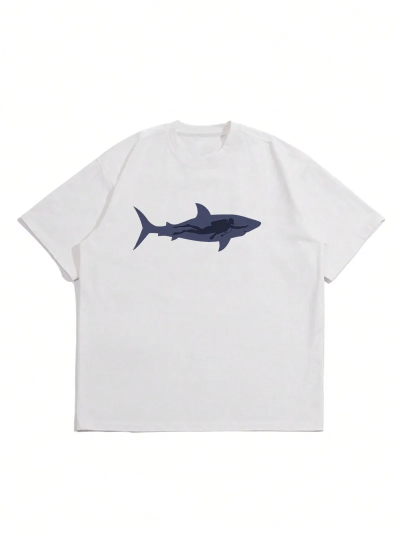 

Men's T-shirt summer new printed round neck short sleeve, shark diving graphic printing, leisure and comfortable every day tee