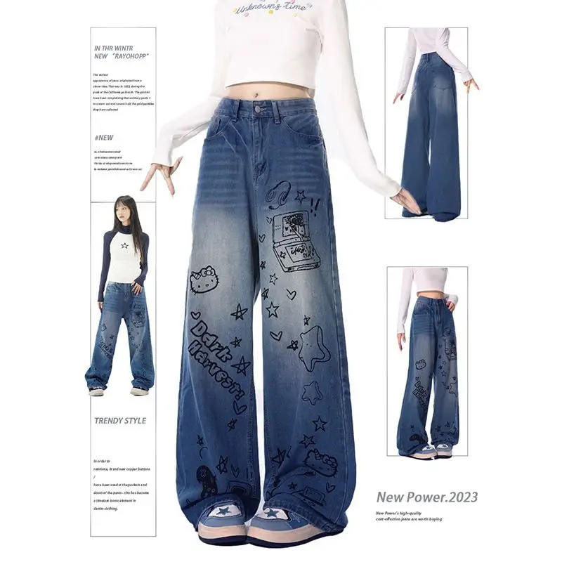 

Hello Kittys Jeans Sanrios Anime Cartoon Graffiti Pants Y2K Girl Autumn Winter Kawaii American Retro Loose Straight Trousers New